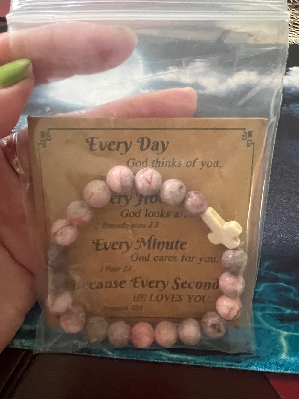 #2643**Pink and Gray Beaded Cross Stretch Bracelet - Picture 5 of 17